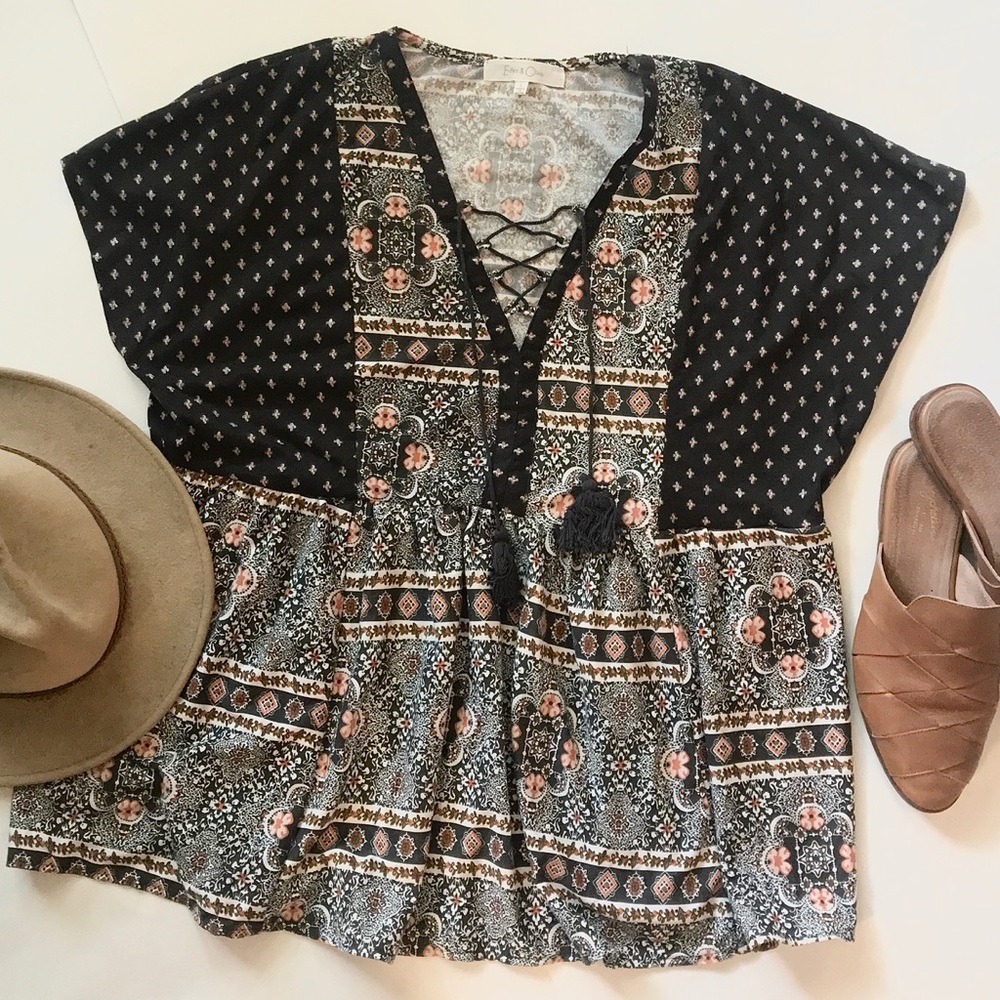 Eden & Olivia boutique babydoll shirt with tassels